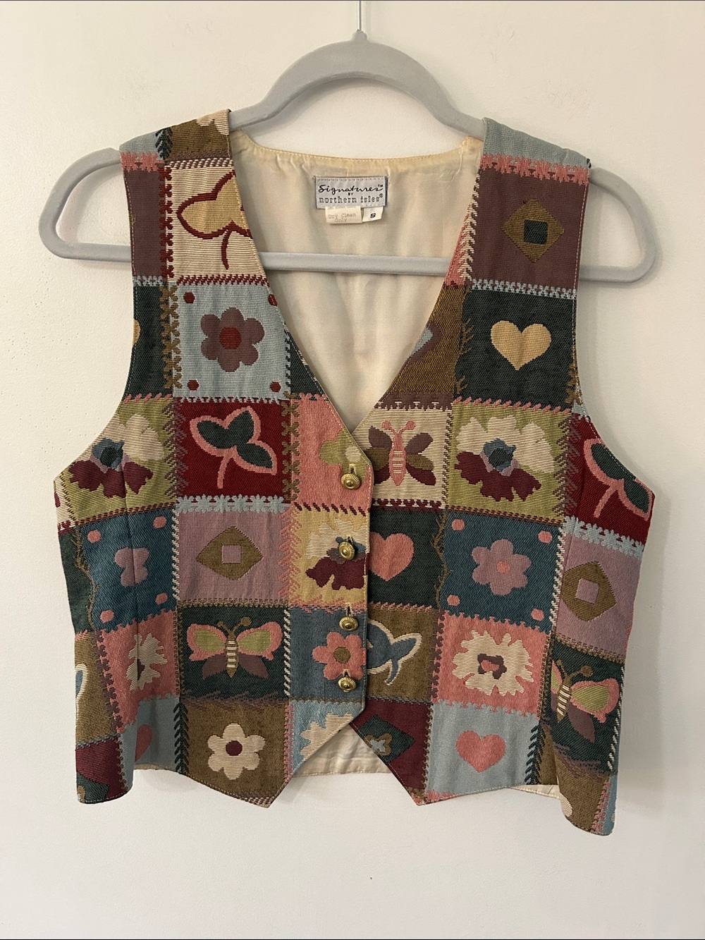 Vintage Patchwork Embroidered Vest Sz Small Cottagecore Floral Heart Butterfly